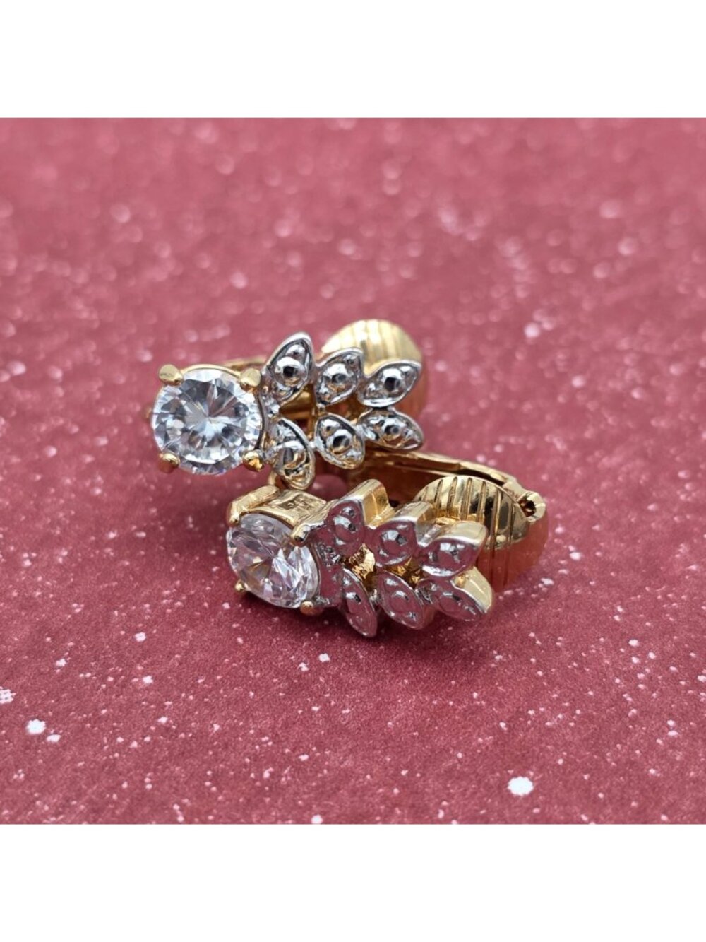 14K HGE Gold Plated Cubic ZirconiaPost Earrings Floral Leaf by Lind Vintage - Picture 2 of 9